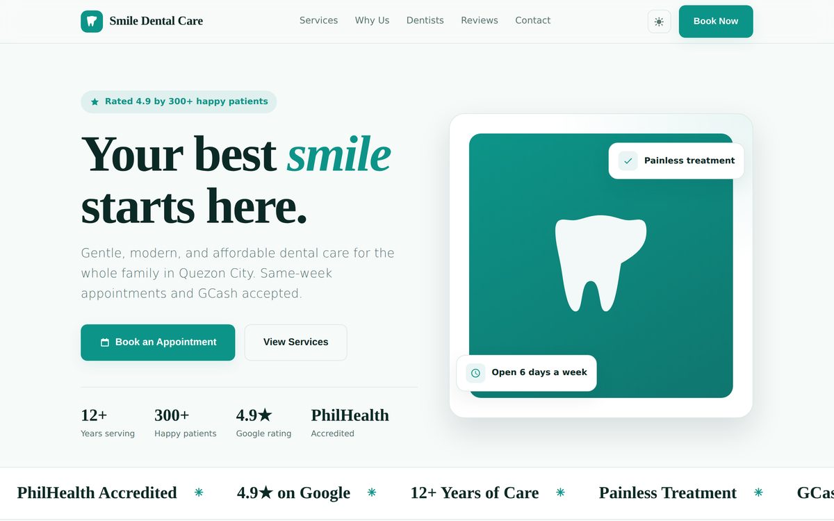 Smile Dental Care demo website — homepage with online appointment booking